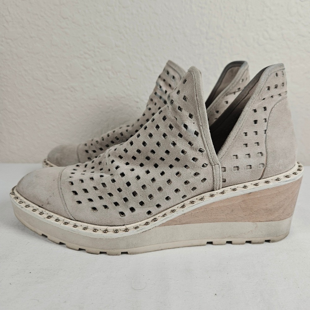 Cecelia New York Grey Perforated Suede Wedge Booties Studded Platform Boots 6.5